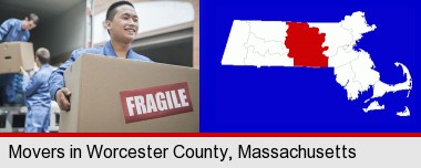 movers unloading a moving van and carrying a fragile box; Worcester County highlighted in red on a map