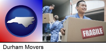 movers unloading a moving van and carrying a fragile box in Durham, NC