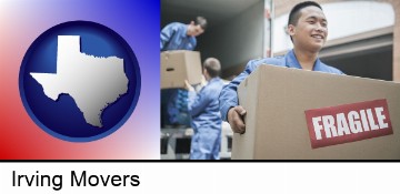 movers unloading a moving van and carrying a fragile box in Irving, TX