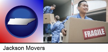 movers unloading a moving van and carrying a fragile box in Jackson, TN
