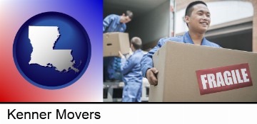movers unloading a moving van and carrying a fragile box in Kenner, LA