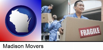 movers unloading a moving van and carrying a fragile box in Madison, WI