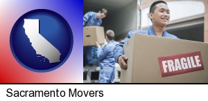 Sacramento, California - movers unloading a moving van and carrying a fragile box