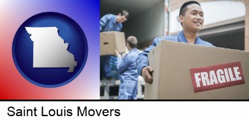 movers unloading a moving van and carrying a fragile box in Saint Louis, MO