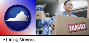movers unloading a moving van and carrying a fragile box in Sterling, VA