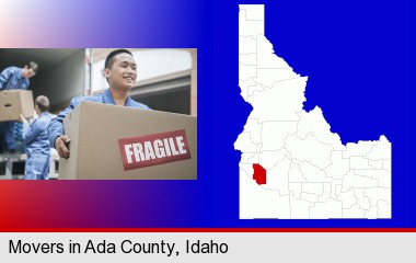 movers unloading a moving van and carrying a fragile box; Ada County highlighted in red on a map