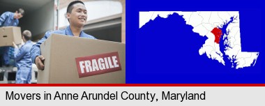movers unloading a moving van and carrying a fragile box; Anne Arundel County highlighted in red on a map