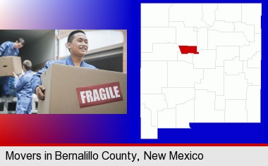 movers unloading a moving van and carrying a fragile box; Bernalillo County highlighted in red on a map