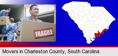 movers unloading a moving van and carrying a fragile box; Charleston County highlighted in red on a map