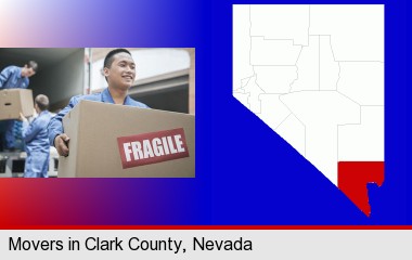 movers unloading a moving van and carrying a fragile box; Clark County highlighted in red on a map