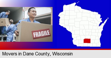 movers unloading a moving van and carrying a fragile box; Dane County highlighted in red on a map