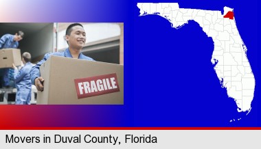 movers unloading a moving van and carrying a fragile box; Duval County highlighted in red on a map