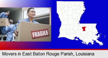 movers unloading a moving van and carrying a fragile box; East Baton Rouge Parish highlighted in red on a map