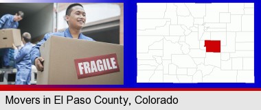 movers unloading a moving van and carrying a fragile box; Elbert County highlighted in red on a map