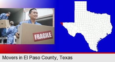 movers unloading a moving van and carrying a fragile box; El Paso County highlighted in red on a map