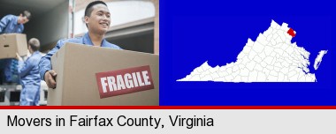 movers unloading a moving van and carrying a fragile box; Fairfax County highlighted in red on a map