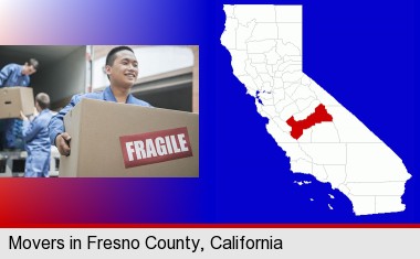 movers unloading a moving van and carrying a fragile box; Fresno County highlighted in red on a map