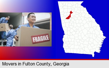 movers unloading a moving van and carrying a fragile box; Fulton County highlighted in red on a map