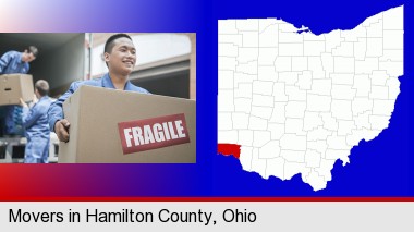 movers unloading a moving van and carrying a fragile box; Hamilton County highlighted in red on a map