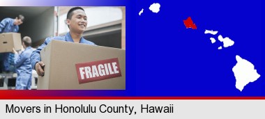 movers unloading a moving van and carrying a fragile box; Honolulu County highlighted in red on a map