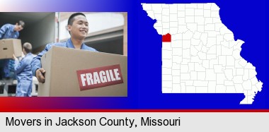 movers unloading a moving van and carrying a fragile box; Jackson County highlighted in red on a map