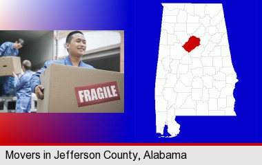 movers unloading a moving van and carrying a fragile box; Jefferson County highlighted in red on a map