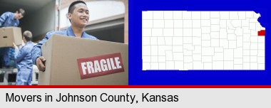 movers unloading a moving van and carrying a fragile box; Johnson County highlighted in red on a map