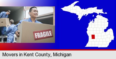 movers unloading a moving van and carrying a fragile box; Kent County highlighted in red on a map