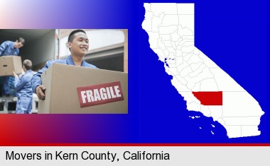movers unloading a moving van and carrying a fragile box; Kern County highlighted in red on a map