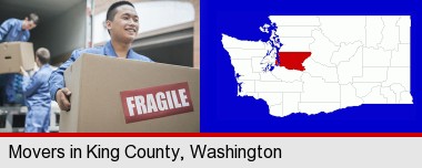 movers unloading a moving van and carrying a fragile box; King County highlighted in red on a map