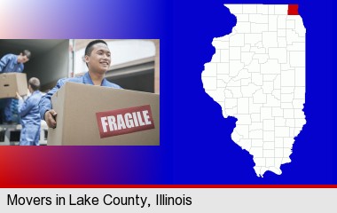 movers unloading a moving van and carrying a fragile box; LaSalle County highlighted in red on a map