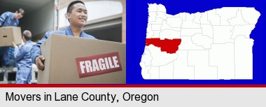 movers unloading a moving van and carrying a fragile box; Lane County highlighted in red on a map