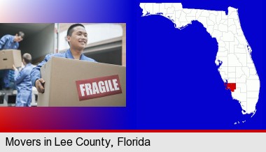 movers unloading a moving van and carrying a fragile box; Lee County highlighted in red on a map