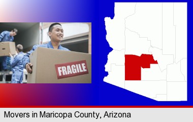 movers unloading a moving van and carrying a fragile box; Maricopa County highlighted in red on a map