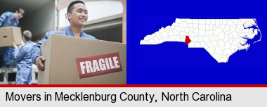 movers unloading a moving van and carrying a fragile box; Mecklenburg County highlighted in red on a map
