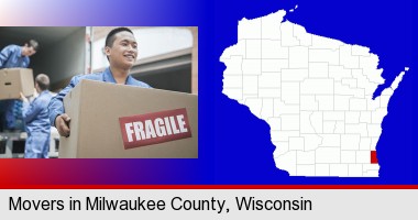 movers unloading a moving van and carrying a fragile box; Milwaukee County highlighted in red on a map