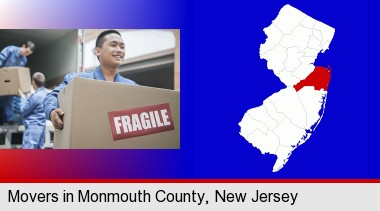 movers unloading a moving van and carrying a fragile box; Monmouth County highlighted in red on a map