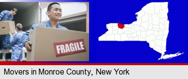 movers unloading a moving van and carrying a fragile box; Monroe County highlighted in red on a map