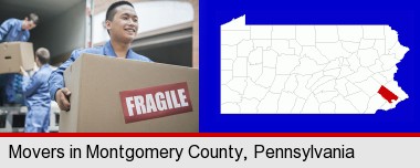 movers unloading a moving van and carrying a fragile box; Montgomery County highlighted in red on a map