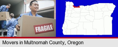 movers unloading a moving van and carrying a fragile box; Multnomah County highlighted in red on a map