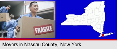 movers unloading a moving van and carrying a fragile box; Nassau County highlighted in red on a map