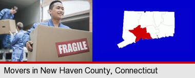 movers unloading a moving van and carrying a fragile box; New Haven County highlighted in red on a map