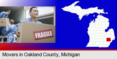 movers unloading a moving van and carrying a fragile box; Oakland County highlighted in red on a map