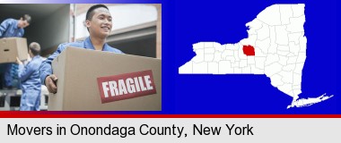 movers unloading a moving van and carrying a fragile box; Onondaga County highlighted in red on a map