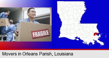 movers unloading a moving van and carrying a fragile box; Orleans Parish highlighted in red on a map