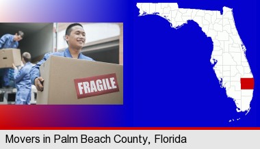 movers unloading a moving van and carrying a fragile box; Palm Beach County highlighted in red on a map