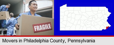 movers unloading a moving van and carrying a fragile box; Philadelphia County highlighted in red on a map