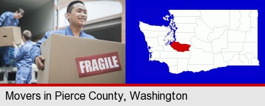 movers unloading a moving van and carrying a fragile box; Pierce County highlighted in red on a map