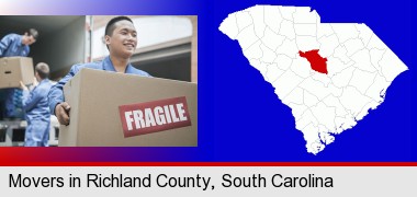 movers unloading a moving van and carrying a fragile box; Richland County highlighted in red on a map