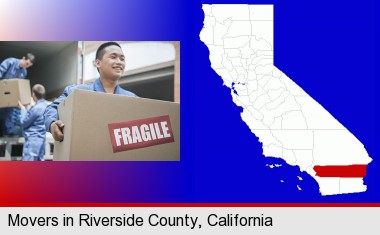 movers unloading a moving van and carrying a fragile box; Riverside County highlighted in red on a map